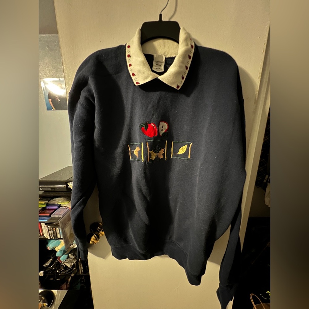 Grandma XL Navy Blue Embroidered Sweatshirt Fruit Of The Loom APPLES collar